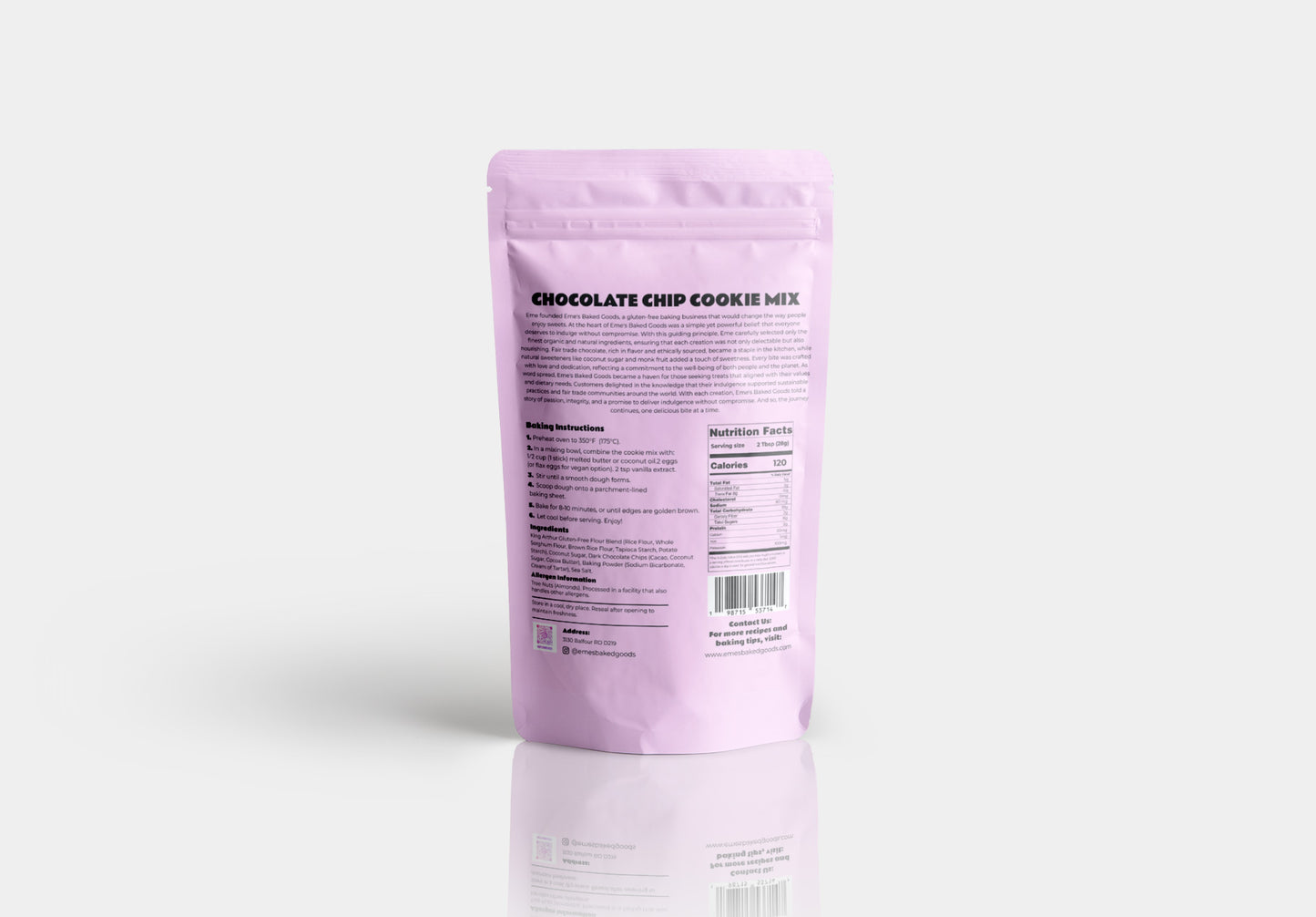 Designer placeholder: luxury gluten-free chocolate chip cookie baking mix packaging.