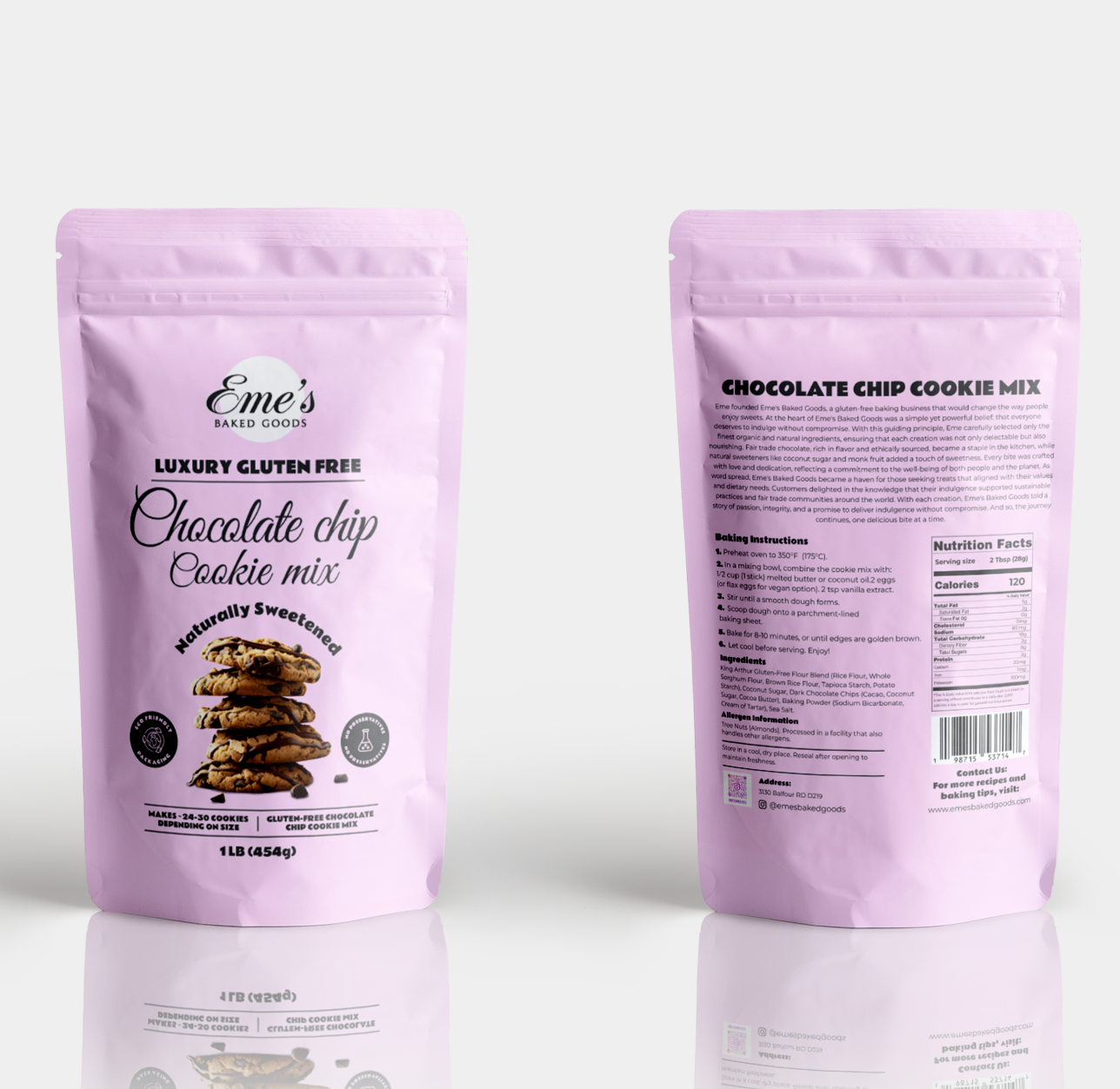 Designer placeholder: luxury gluten-free chocolate chip cookie baking mix package mockup with refined cream and black branding.