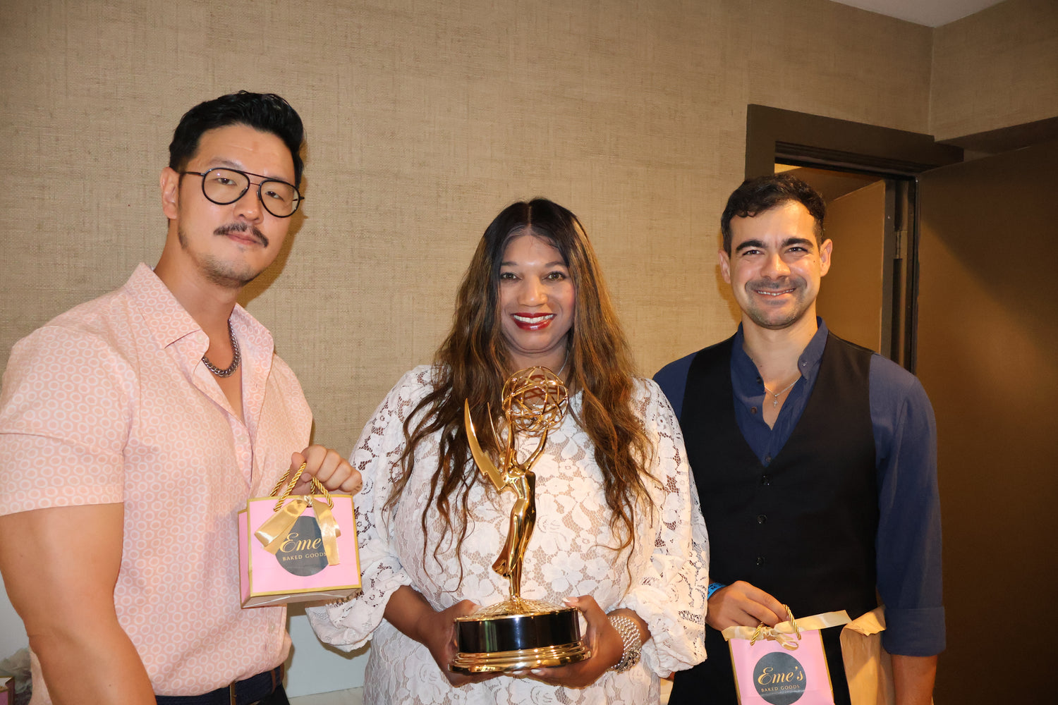 Designer placeholder: premium red-carpet gifting moment for Eme's Baked Goods at the DPA Pre-Emmys Gift Suite.